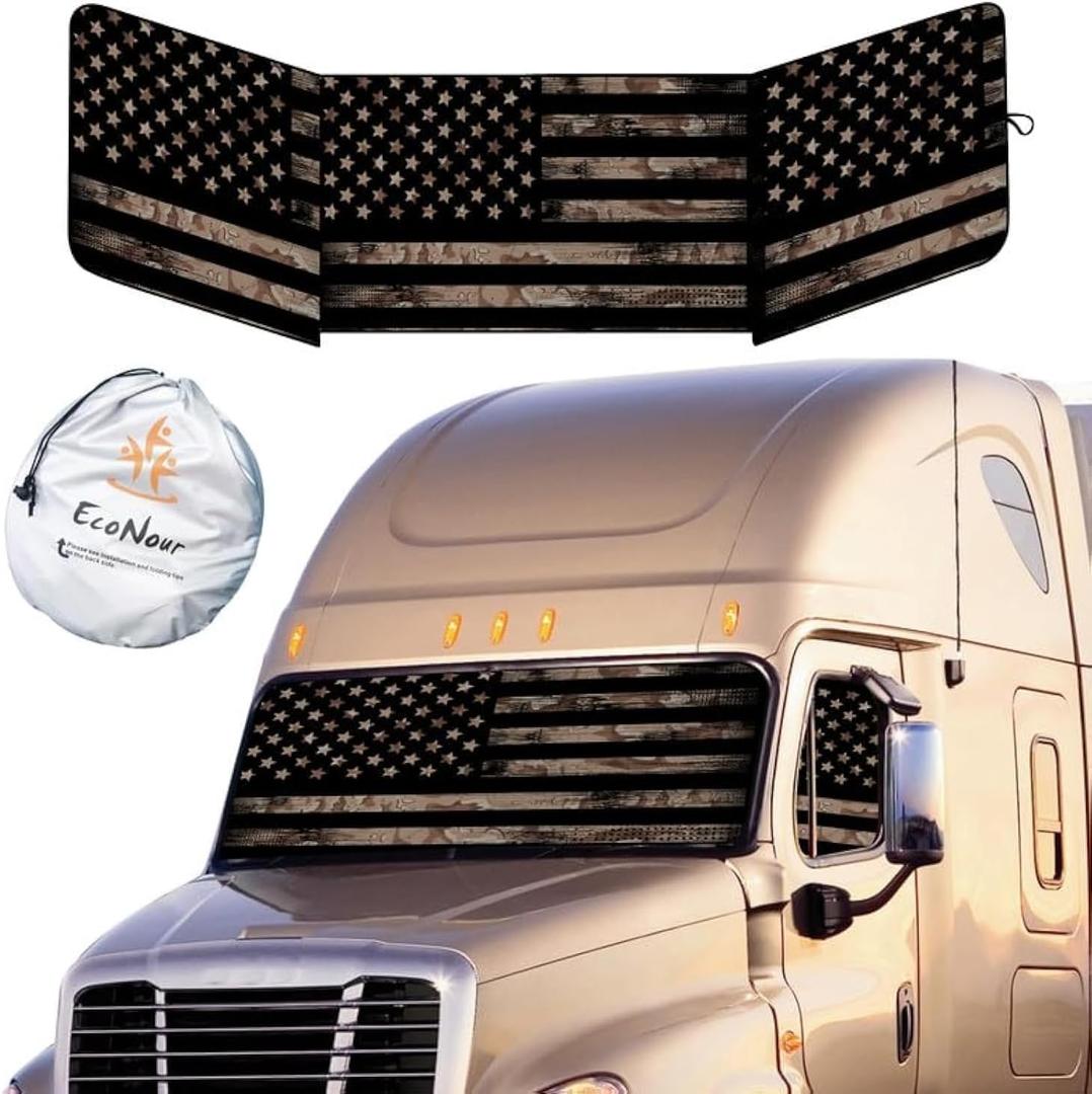 EcoNour Semi-Truck Printed Sun Shade for Windshield and Side Windows | Vintage Camo Flag 240T Sunshade to Block UV/Sun Heat Rays | Best for Semi, Commercial & Big Rig Trucks EcoNour Semi-Truck Printed Sun Shade for Windshield and Side Windows | Vintage Camo Flag 240T Sunshade to Block UV/Sun Heat Rays | Best for Semi, Commercial & Big Rig Trucks
