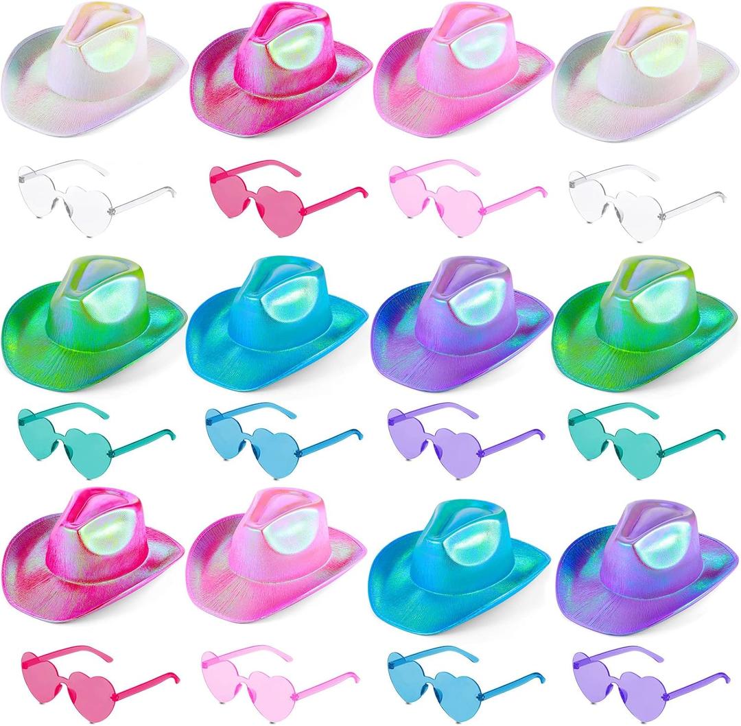 24 Pcs Cowboy Hats Holographic Space Cowgirl Hat with Heart Sunglasses Fun Party Hats Goggles for Women Party (Multicolor)