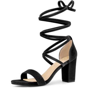 Allegra K Women's Faux Velvet Lace Up Chunky Heel Strappy Sandals (6.5)