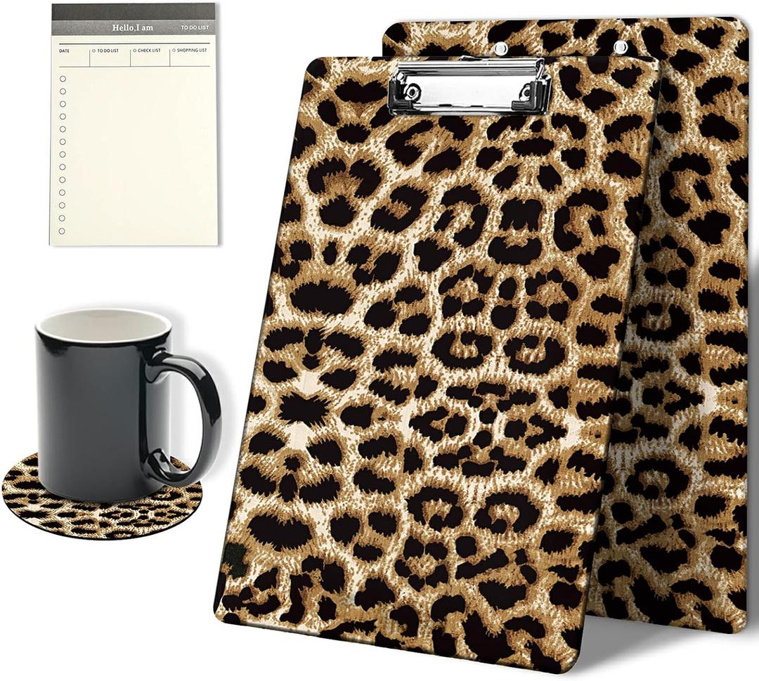 Clipboards Cute Leopard Print Pattern Design Clip Board 9 x 12.5 inch with Low Profile Metal Clip,Clipboard for Students, Classroom, Office,Women Men,with a Exquisite Coasters and to do List Notepad