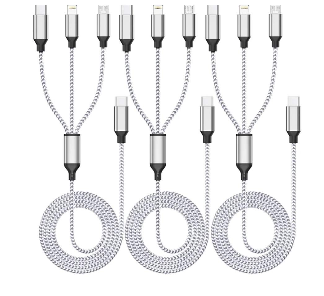 Multi Charging Cable 4ft 3Pack 3 in 1 Charger Cord, Multiple Usb C Port Rapid Nylon Braided Cable USB Charging Cable Multi Phone Charger Cord with Type C Micro Lightning USB Connectors for Cell Phones