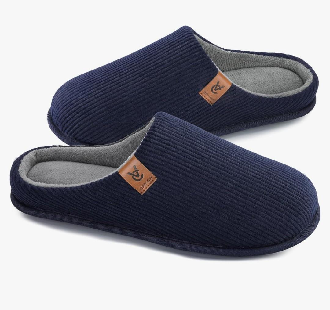 VeraCosy Men's Cozy Slip-on Slippers Corduroy Memory Foam Indoor House Shoes 9-10, Blue