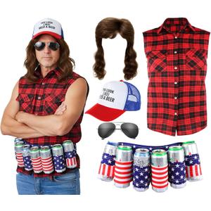Mepase Blonde Mullet Wig 80s Costumes for Men Rock Disco Star Costume Plaid Shirt Sunglasses Vintage Hat and Beer Belt (Large)