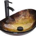 Bathroom Boat Shape Artistic Glass Vessel Sink Free Oil Rubbed Bronze Faucet and Pop-up Drain Set, Gold