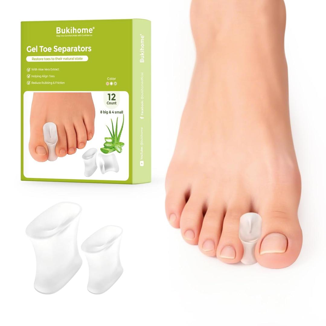 Bukihome Gel Toe Separators, Toe Spacers for Bunion, Corns & Overlapping Toes, Bunion Corrector for Men and Women, Bunion Pain Relief, Multi-Size - 12 Pack (Transparent-aloe)