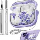 with Safety Lock for Samsung Galaxy Buds Pro 3 Case & Galaxy Buds 3 Case Cover with Cleaner Kit and Keychain, Soft TPU Cute Floral Earbuds Pro 3 Case for Women Girly - Purple Flower (C1-Purple Flower)