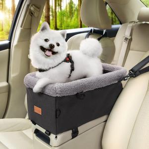 BurgeonNest Center Console Dog Car Seat for Small Dogs up to 9lbs - Sturdy Metal Frame Anti-Collapse Pet Booster Seat for Car Armrest, Dual Safety Belts & Washable Cushion, Grey (Medium)