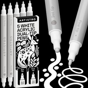 ARTISTRO 5 White Precision Dual-Tip Acrylic Paint Markers Paint Pens Set with Dot & Fine Tips for Fabric, Rock, Glass, Wood, Coloring Books Classroom & Art Supplies Gift Teacher Appreciation Gift