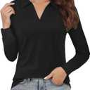 Polo Shirts for Women, V-Neck Business Casual Tops for Women, Collared Shirt Tunic Tops Long Sleeve Work Blouses (Black, M)