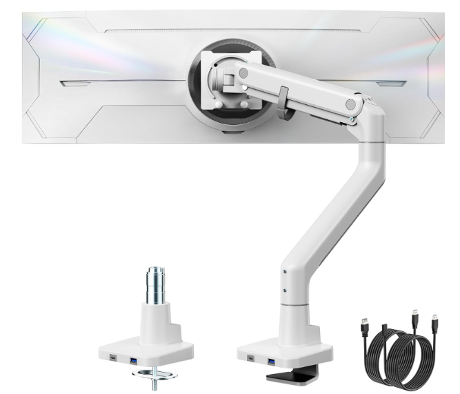 monTEK Single Monitor Arm with USB A/C, Ultrawide Monitor Stand for 17 to 57 Inch Curved Screen, Holds 59.4 lbs, Adjustable Gas Spring Arm, 75/100 VESA Mount, Clamp & Grommet Desk Mount, White