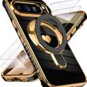 For Google Pixel 10/10 Pro Love Heart Kickstand Case with 2X Screen Protector: Luxury Plated Gold Edge Slim Soft TPU Shockproof Protection Case Cover for Pixel 10/10 Pro (Black)