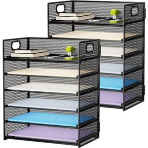 Marbrasse 2 Pack Desk Organizer with Handle, 6 Tier Paper Letter Tray, Mesh Desk File Organizer for Office, School and Home