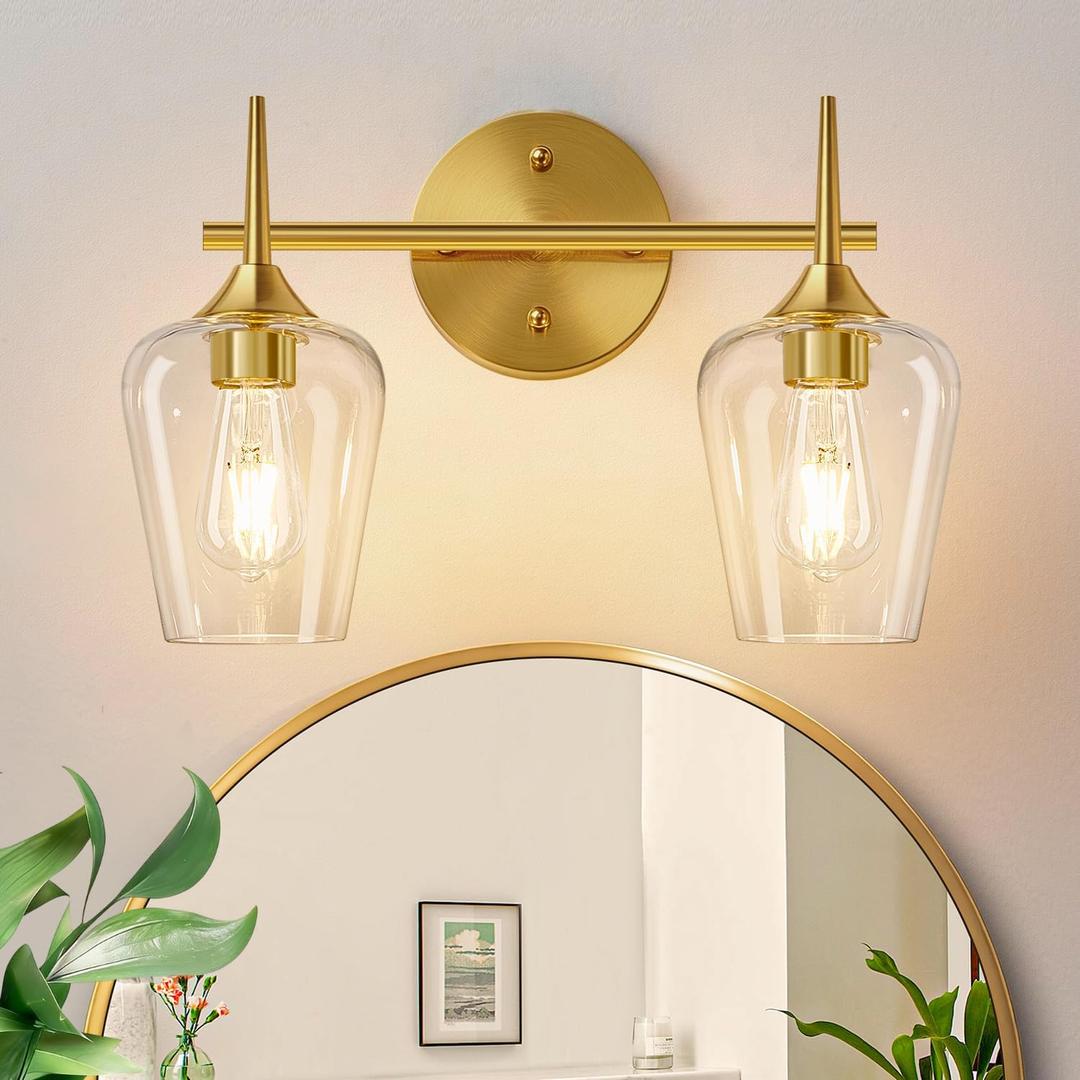 MOKATNG 2-Light Bathroom Light Fixtures, Gold Vanity Lights for Bathroom with Clear Glass, Bathroom Lighting Fixtures Over Mirror, Modern Wall lamp for Cabinet Hallway