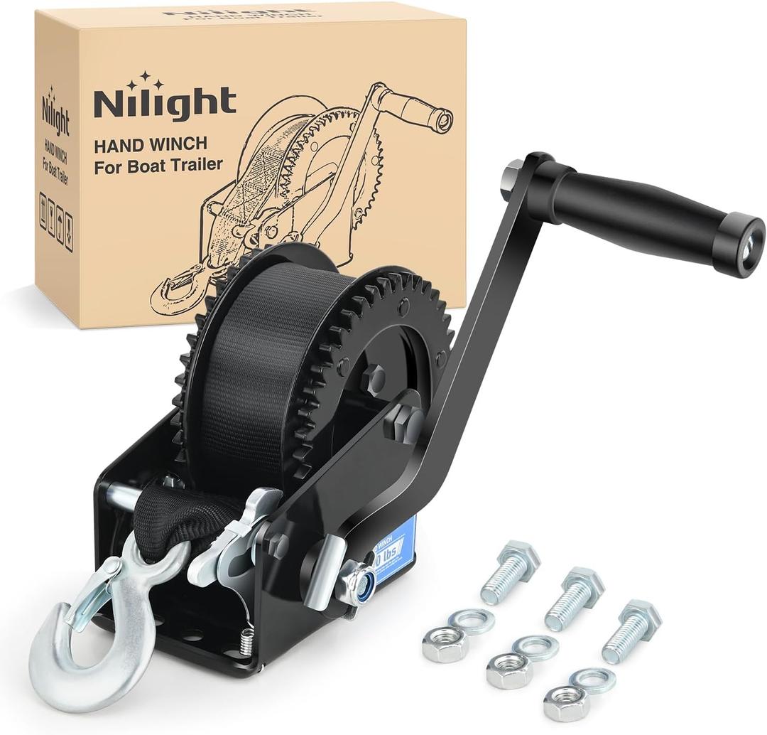 Nilight Boat Trailer Winch 2000 Lbs Hand Crank Winch Heavy Duty Boat Winches with 23Ft Strap Rope Hook 2-Way Ratchet 4:1 Gear Portable Marine Manual Winch for Trailers Boats RV ATV Jet Ski Towing (Black)