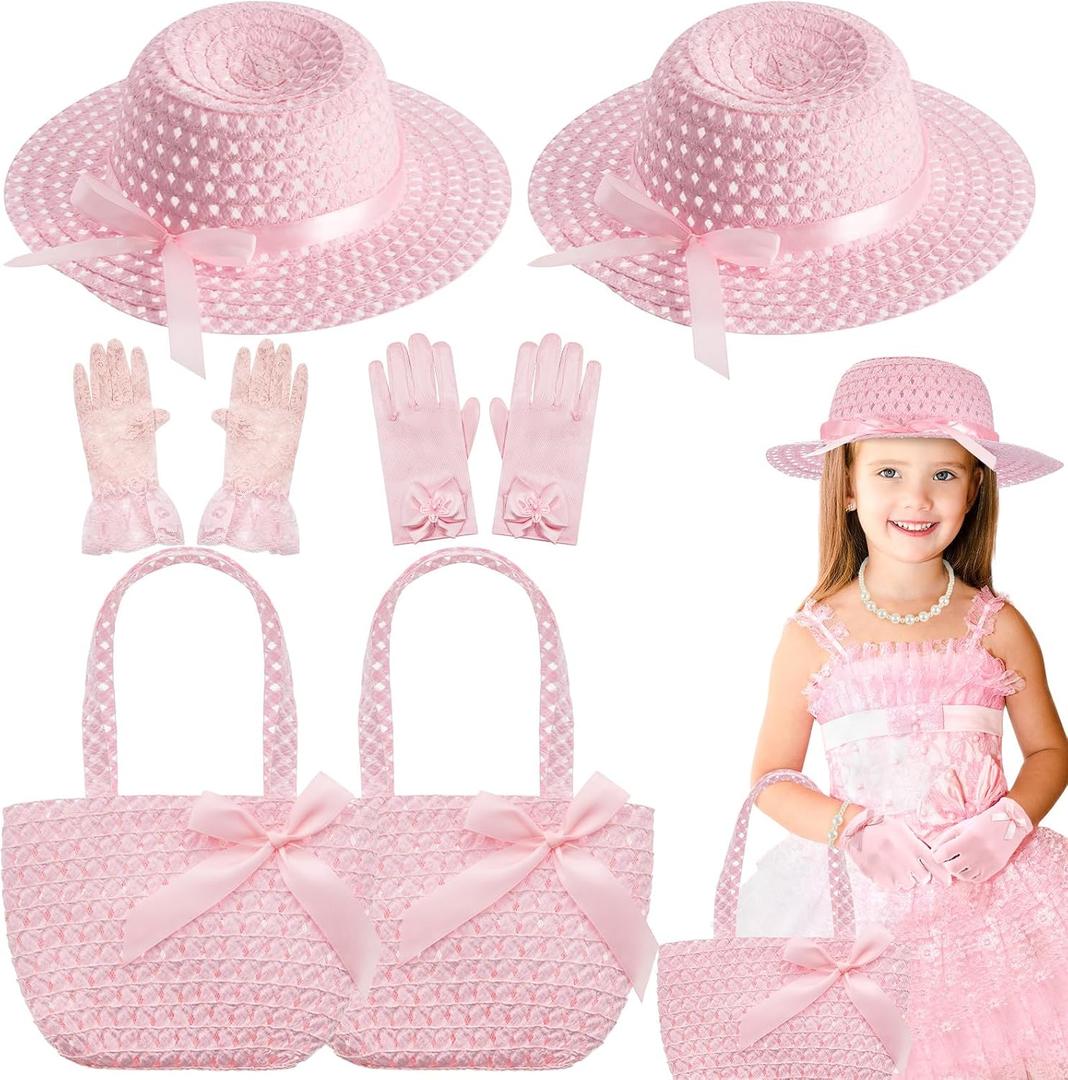 Zhanmai 6 Pcs Girls Tea Party Hats Accessories Set Kids Tea Party Bonnets Hats and Gloves Purses for Girls Dress up Favors