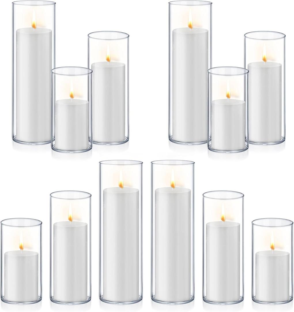 Homjoy 24 PCS White Pillar Candles with Glass Candle Holders Clear Hurricane Candle Holders Glass Cylinder Vases for Centerpieces Wedding Party, Event, Home Office (12 Candles+12 Candle Hoders)