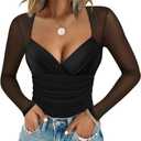 Chunpin Women's Square V Neck Mesh Bodysuit Long Sleeve Mesh Tops Outfits Sexy Bodysuits (Large, Black)