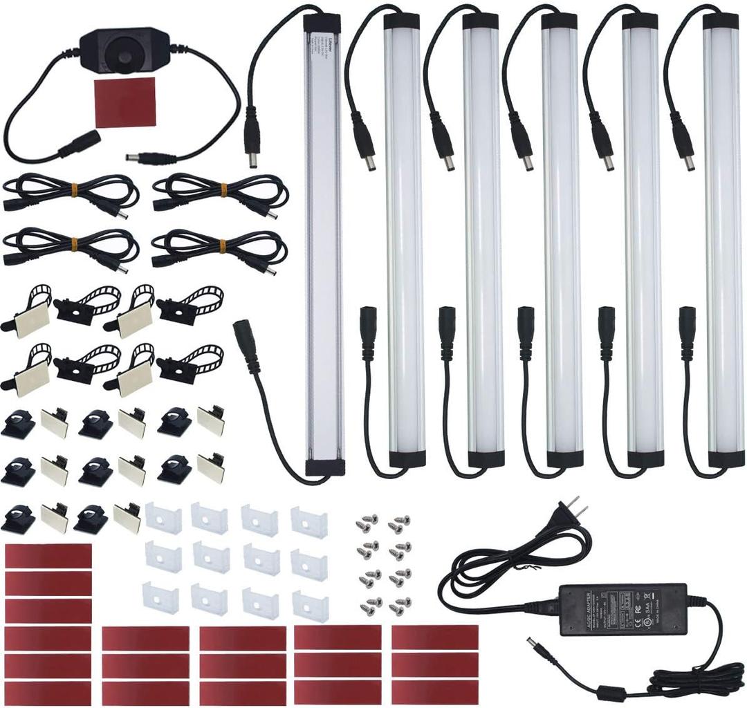 Under Cabinet LED Lighting Kit Plug in or Hardwired, 6 pcs 12 Inches Light Strips, 2000 Lumen, Super Bright, for Kitchen Counter, Closet, Shelf Lights, 31W, Warm White (6 Bars) (Black Cable-Warm White 3000K)