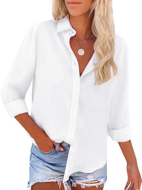 Womens Button Down Shirts Long Sleeve Wrinkle Free Work Office Button Up Dress Shirt with Pocket (Medium, White)