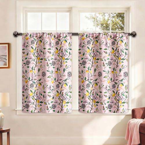 FRAMICS Floral Blackout Kitchen Curtains 36 Inch Length Birds Pink Bathroom Curtains Rod Pocket Lemon Short Curtain for Windows Cafe Basement Living Room Cabinet, 2 Panels