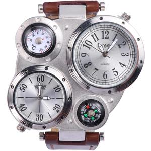 NICERIO Mens Big Face Watches - Cool Wrist Watch Genuine Leather Strap Dual Time Zone Sport Watch Analog Quartz Display with Thermometer Compass