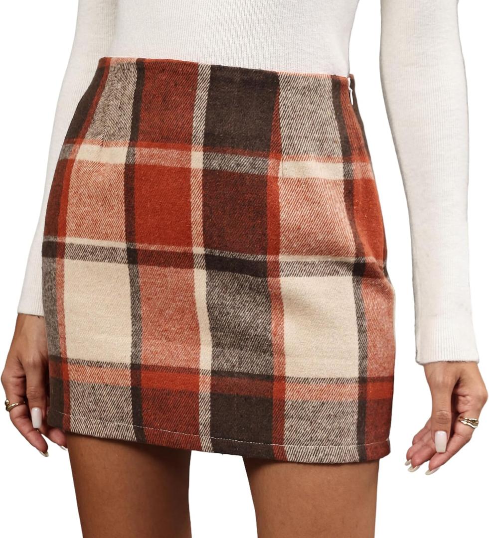 Womens Plaid Flannel Skirt High Waist Bodycon Wool Mini Skirts with Side Hidden Zipper Fall Winter Outfits (Medium, Ydl4)