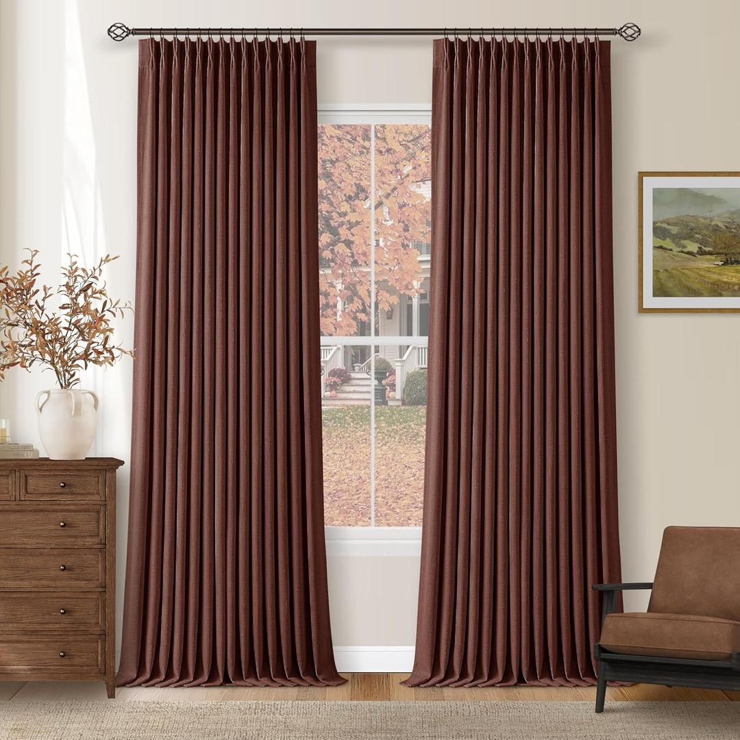Brown Red Pinch Pleated Blackout Curtains 102 Inches Long for Bedroom 100% Black Out Thick Linen Dual Layer Pleated Drapes Farmhouse Country Terracotta Maroon 102 Inch Curtain for Dining Living Room