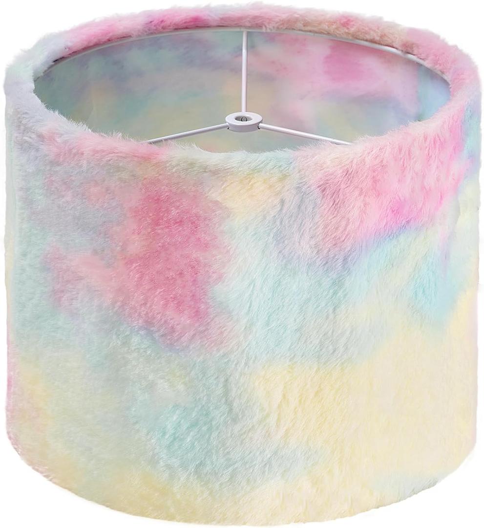 Rainbow Fur Lampshade Pastel Tie Dye Faux Fur Plush Shaggy Drum Lampshade 11.8" Top x 9.8" High Medium Lampshades Cute Colorful Unicorn Princess Room Decor Replacement,Easy Assembly Required