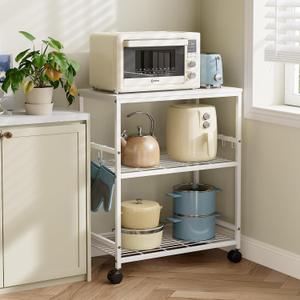 Kitchen Rolling Cart, 3-Tier Microwave Stand with Lockable Wheels, One-Piece Shelf, Kitchen Utility Storage Cart for Coffee Bar,Apartment, Dorm, Laundry Room, Office, 23.6" x 15.7" x 27.6", White