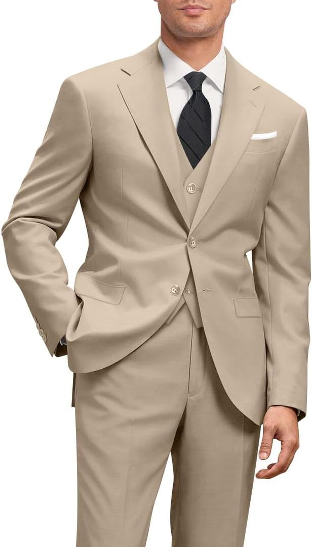 Men's Slim Fit 3 Piece Suit Two Button Business Wedding Dress Tux Suit Set Jacket Vest Pants with Tie (Large, Champagne)