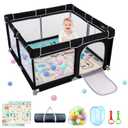 Baby Playpen with Mat, 79”×71” Playpen, Durable and Secure Baby Play Pen, Indoor & Outdoor Kids Activity Play Center. Equipped with Anti-Slip Suckers and a Zipper Gate, Anti-Fall（BLack）