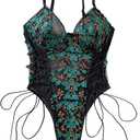 Lilosy Women Sexy Lace Up Floral Embroidered Teddy Lingerie Bodysuit Top Mesh Sheer One Piece 2XL