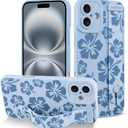 Fiyart Designed for iPhone 16 Case Cute Flowers with Strap Soft TPU Phone Cover Protective Camera Lens Protection for Women Men Floral Bumper with Stand 6.1"-Blue