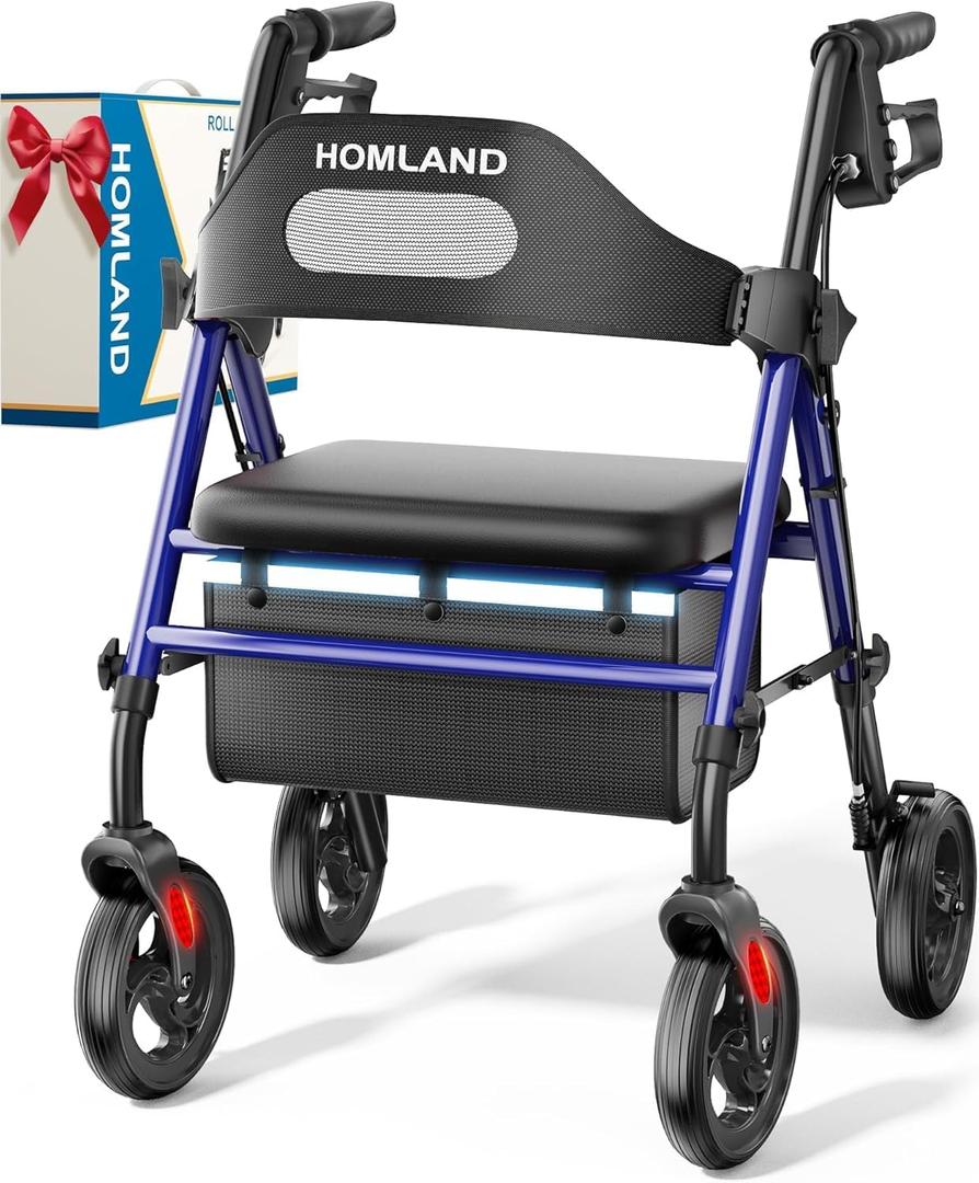 HOMLAND Foldable Rollator Walkers with Seat for Seniors, 8'' Big Wheels, 350 lb. Weight Capacity, Adjustable Handles and Seat Height, Lightweight Rolling Walker, Blue