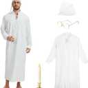 4Pcs Funny Men Pajama Set with Mens Nightgown, Pajama Hat, Vintage Glasses and Candle for Halloween Christmas   (X-Large, Beige)