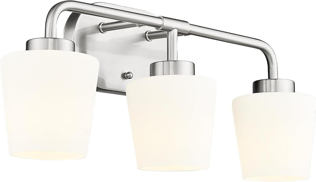 Bathroom Light Fixtures Over Mirror, 3-Light Brushed Nickel Vanity Lighting Fixtures with Milk White Glass, Vintage Farmhouse Wall Sconces Lighting, AD-22004-3W-SN (Nickel, Milk White Glass)
