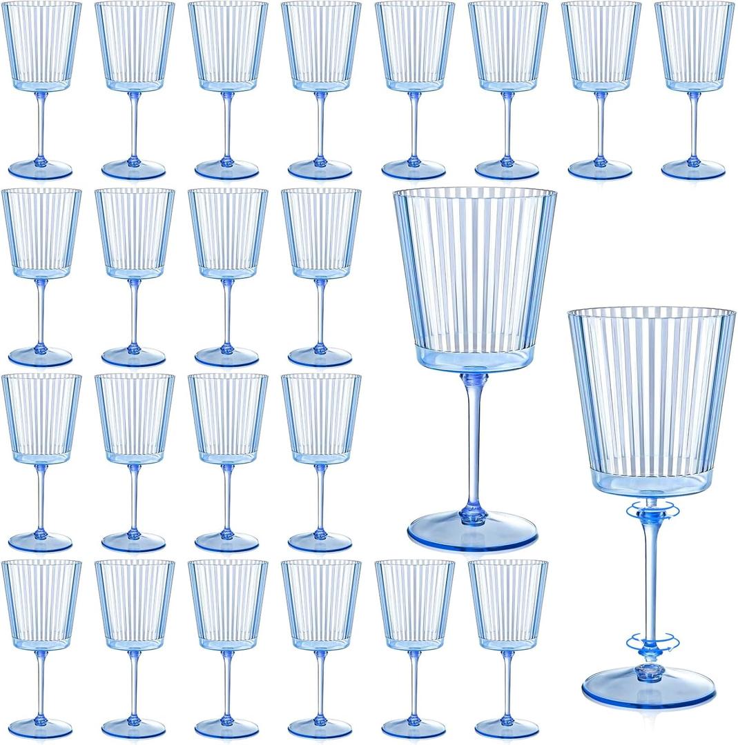 24 PCS Blue Ribbed Plastic Glasses 13.5 OZ Ribbed  Glasses Detachable Glass Elegant Fluted Glassware Vintage Style for Wedding Anniversary Birthday Dinner Parties(Blue, 24 Pack)
