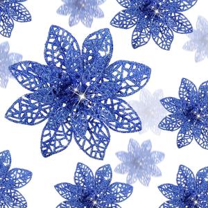 Boao Royal Blue 24 Pieces Poinsettia Flower Christmas Glitter Artificial Poinsettia with Clips Christmas Tree Ornament Decorations for DIY Xmas Wreath Holiday Home Party Decor, 3/4/6 Inches
