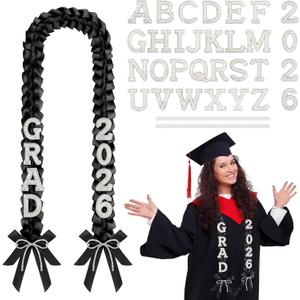 DIY Class of 2026 Graduation Leis with 30 Pearl Patches Letters and Numbers Graduation Money Leis Double Braided Ribbon Necklace for High School College 2026 Grad Party Decor(Black)