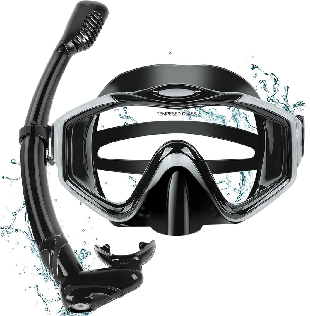 KUYOU Mask Fins Snorkeling Gear for Adults - Wide View Anti-Fog Mask, Full Dry Top Snorkel Gear Set (One Size Without Fins, Black)