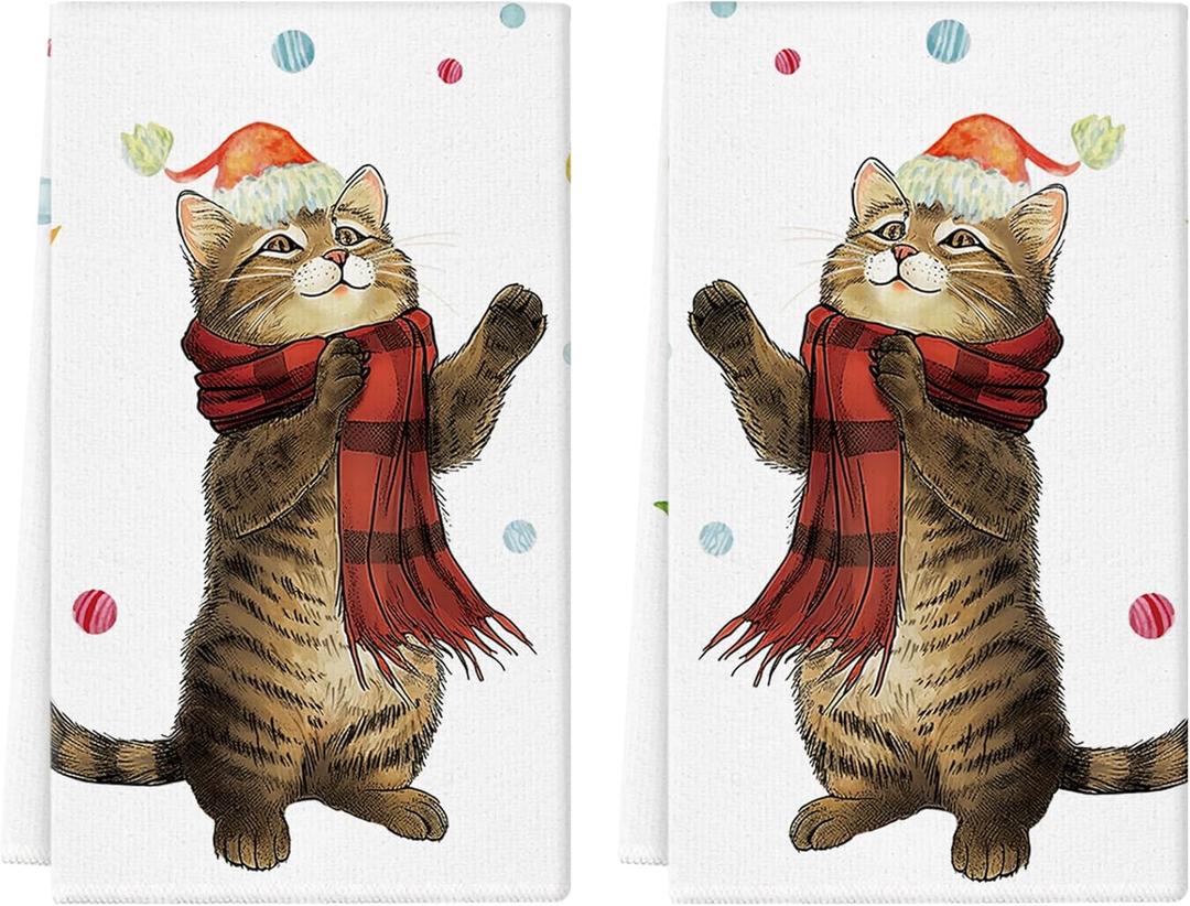Christmas Kitchen Towels Set of 2 Cat Colorful Ball Hand Towels Dish Towels for Winter Xmas Holiday Home Kitchen Decoration 18x26 Inch