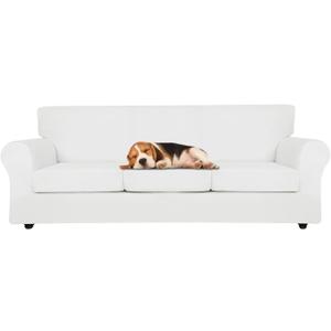 ZNSAYOTX Oversized Velvet Couch Cover 4 Piece (92"-115") Stretch Sofa Covers for 3 Cushion Couch Thick Soft XL-Slipcover with Non Slip Strap, Dog Pet Friendly Nice Furniture Protector (White)