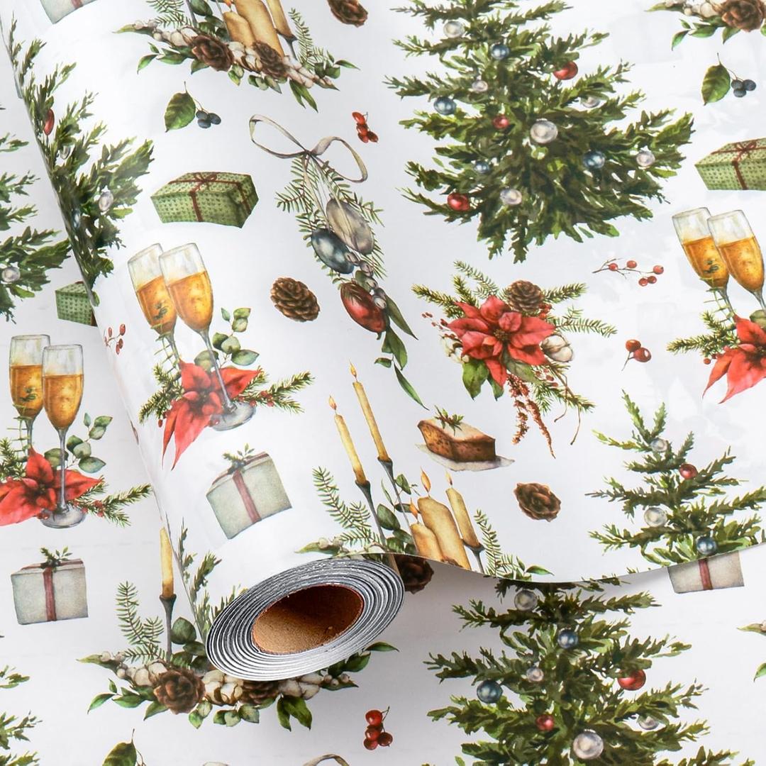 MAYPLUSS Christmas Wrapping Paper Roll - 17 In x 33 Feet - Cute Watercolor Christmas Tree Candle Pinecone Goblet Gift Wrap Paper for New Year, Holiday, Kids