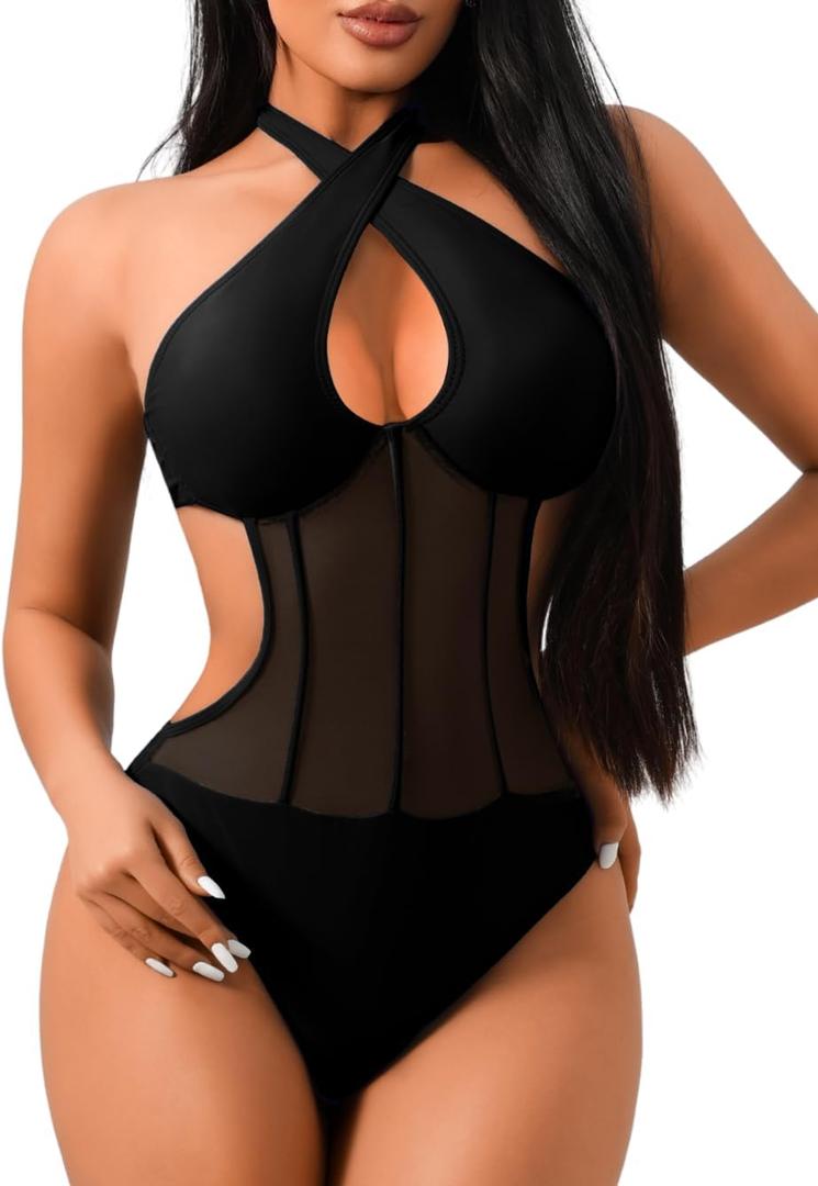 One Piece Swimsuit, Sexy Cut Out Monokini, Pool Party, Push Up Bathing Suit Glow Rave Outfits Cheeky Sunkini Mesh, Black, Large