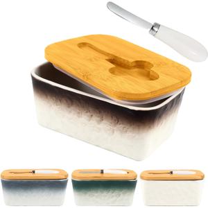 Butter Dish with Lid, 6.5" Large Butter Container for Countertop, Ceramic Brown Butter Keeper Container with Knife, Bamboo Cover and High-Quality Silicone Sealing for Home Decor Kitchen