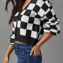 Dokotoo Womens Checkered V Neck Button Down Long Sleeve Cable Knit Cropped Cardigan Sweaters Tops (L)
