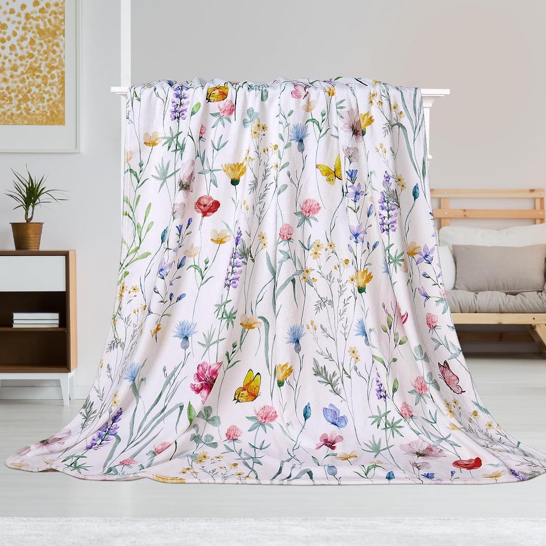 Watercolor Floral Throw Blanket Colorful Wildflower Blankets Botanical Plant Leaf Bed Blanket Flower Butterfly Flannel Fleece Throw Blanket for Couch “50x60”