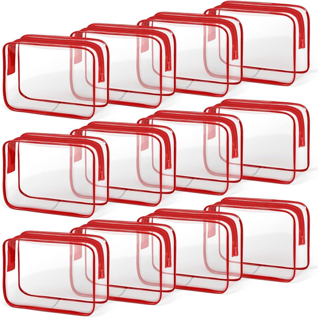 TISRATOK 12 PCS Clear Makeup Bag for Women with Zipper, TSA Approved Toiletry Pouch, Cosmetic Bag Bulk for Travel Organizer Essentials - Red, Medium