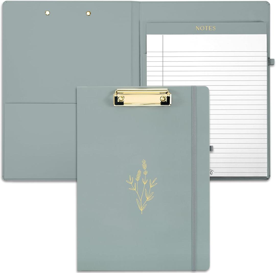 Aesthetic Clipboard Folio with Refillable Lined Notepad & Interior Pocket - Cute Padfolio/Legal Pad Holder for Women - Easily Organize Notes at Work, School, or Home