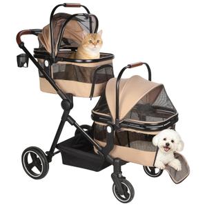 Foldable Double Pet Stroller for 2 Small Medium Cats Dogs, Lightweight Single and Double Integrated Pet Stroller with Detachable Carriers (Khaki)